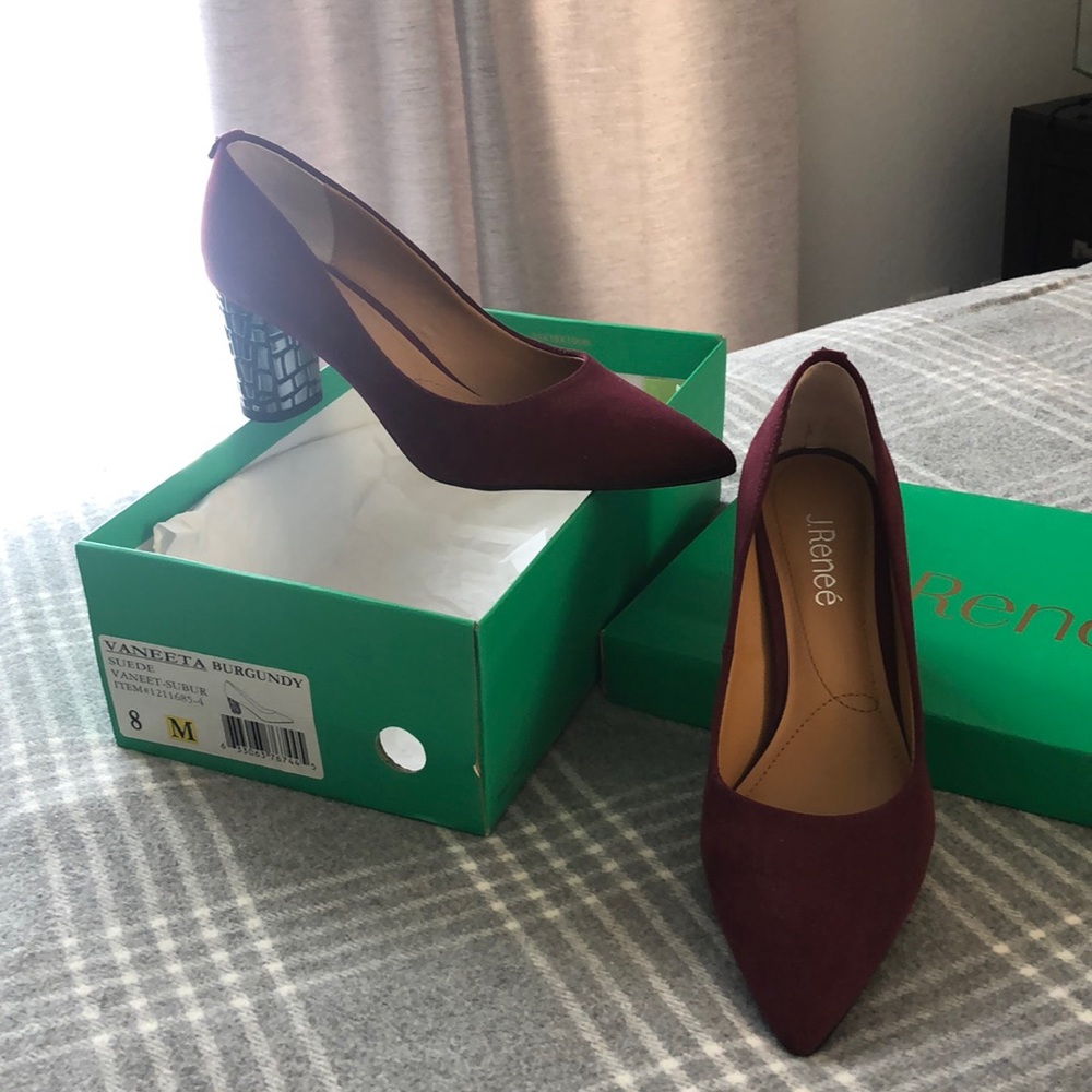 J. Renne’ Suede burgundy shoes with unique silver design